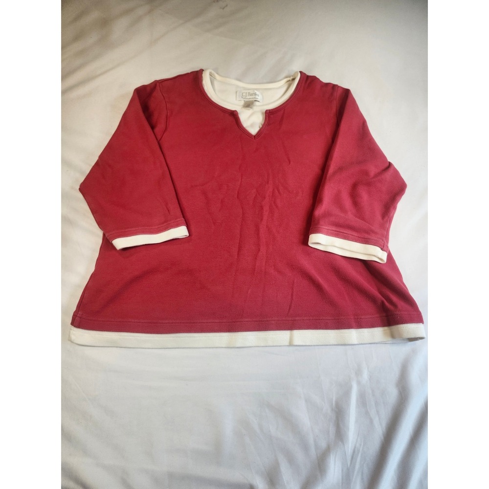 CJ Banks Women 1X Red Layered Look 3/4 Sleeve Knit Top Split Neck Plus Size